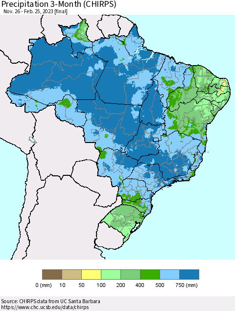 Brazil Precipitation 3-Month (CHIRPS) Thematic Map For 11/26/2022 - 2/25/2023