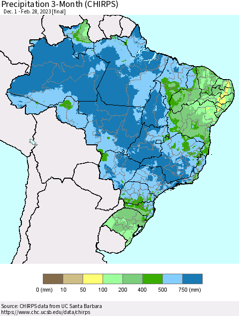 Brazil Precipitation 3-Month (CHIRPS) Thematic Map For 12/1/2022 - 2/28/2023