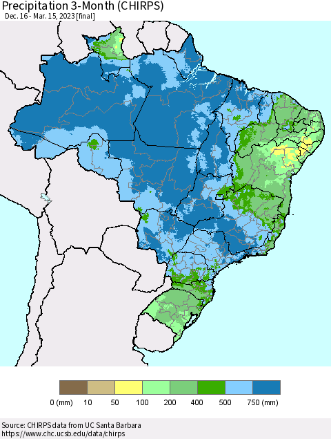 Brazil Precipitation 3-Month (CHIRPS) Thematic Map For 12/16/2022 - 3/15/2023