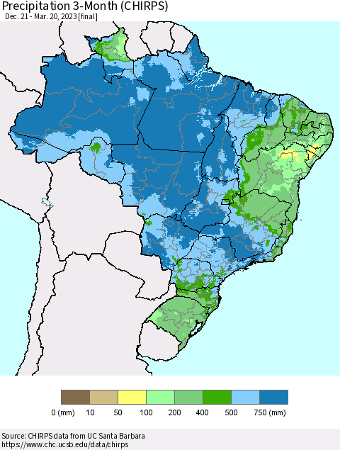Brazil Precipitation 3-Month (CHIRPS) Thematic Map For 12/21/2022 - 3/20/2023