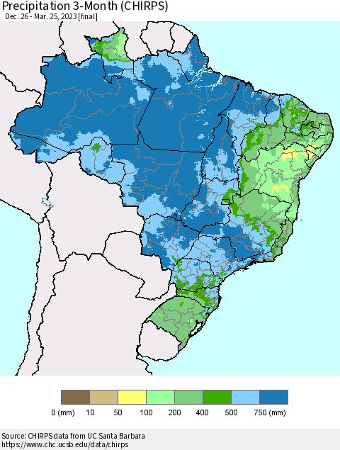 Brazil Precipitation 3-Month (CHIRPS) Thematic Map For 12/26/2022 - 3/25/2023