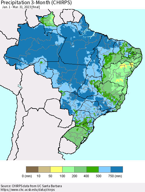 Brazil Precipitation 3-Month (CHIRPS) Thematic Map For 1/1/2023 - 3/31/2023