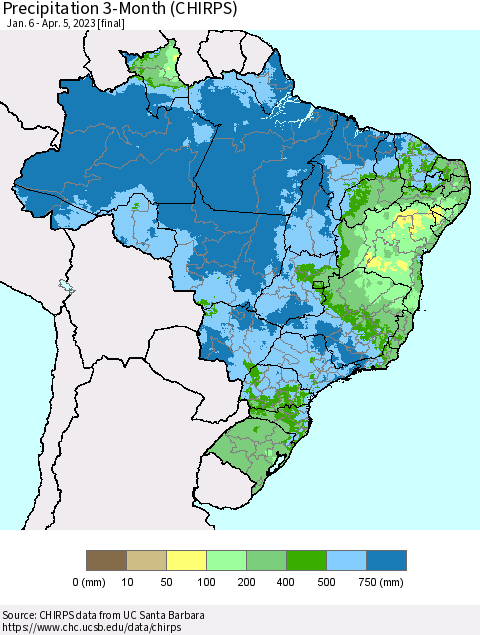 Brazil Precipitation 3-Month (CHIRPS) Thematic Map For 1/6/2023 - 4/5/2023