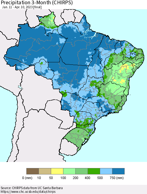 Brazil Precipitation 3-Month (CHIRPS) Thematic Map For 1/11/2023 - 4/10/2023