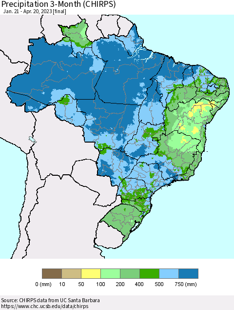 Brazil Precipitation 3-Month (CHIRPS) Thematic Map For 1/21/2023 - 4/20/2023