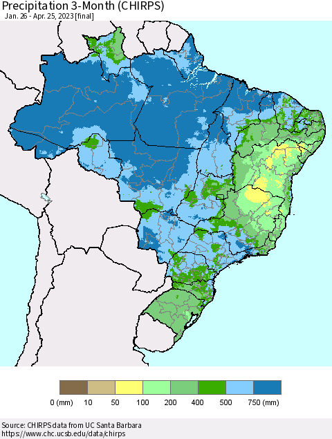 Brazil Precipitation 3-Month (CHIRPS) Thematic Map For 1/26/2023 - 4/25/2023