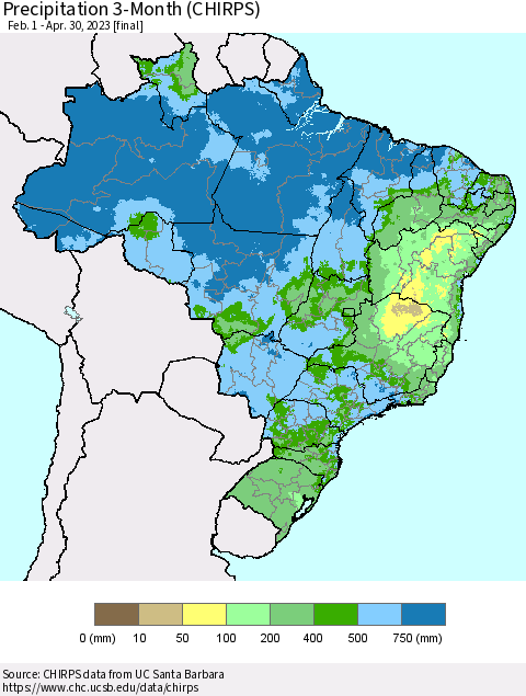 Brazil Precipitation 3-Month (CHIRPS) Thematic Map For 2/1/2023 - 4/30/2023