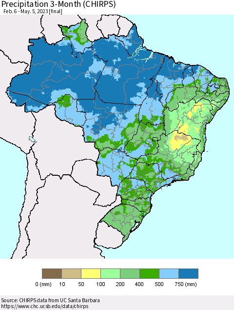 Brazil Precipitation 3-Month (CHIRPS) Thematic Map For 2/6/2023 - 5/5/2023