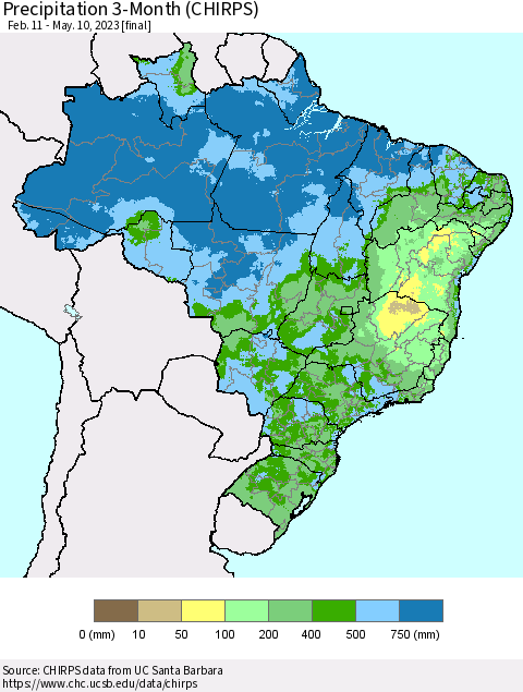 Brazil Precipitation 3-Month (CHIRPS) Thematic Map For 2/11/2023 - 5/10/2023