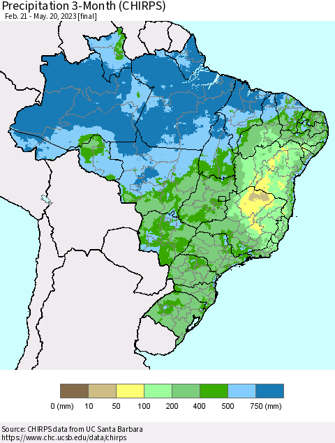 Brazil Precipitation 3-Month (CHIRPS) Thematic Map For 2/21/2023 - 5/20/2023