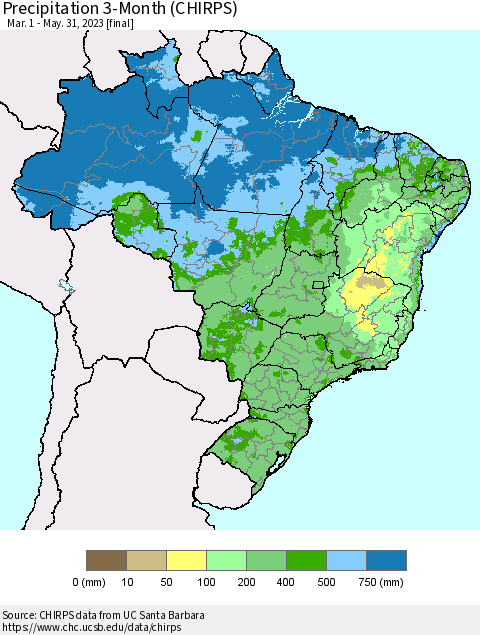 Brazil Precipitation 3-Month (CHIRPS) Thematic Map For 3/1/2023 - 5/31/2023