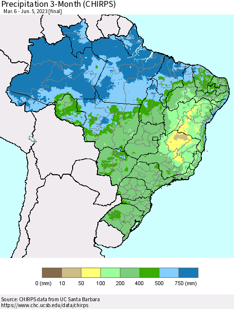 Brazil Precipitation 3-Month (CHIRPS) Thematic Map For 3/6/2023 - 6/5/2023