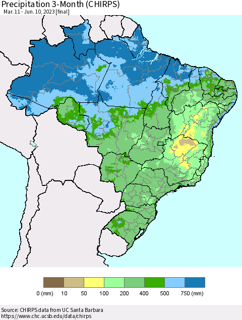 Brazil Precipitation 3-Month (CHIRPS) Thematic Map For 3/11/2023 - 6/10/2023