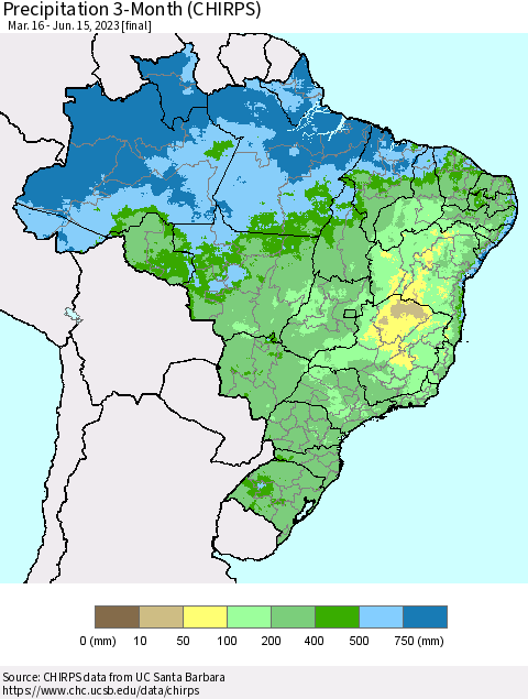 Brazil Precipitation 3-Month (CHIRPS) Thematic Map For 3/16/2023 - 6/15/2023