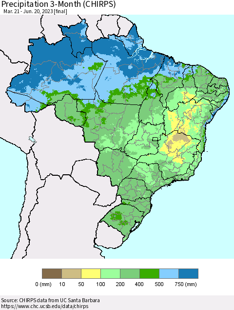 Brazil Precipitation 3-Month (CHIRPS) Thematic Map For 3/21/2023 - 6/20/2023