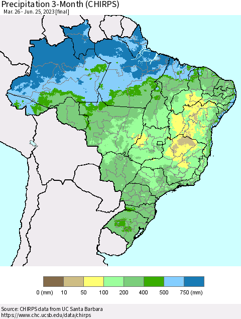 Brazil Precipitation 3-Month (CHIRPS) Thematic Map For 3/26/2023 - 6/25/2023