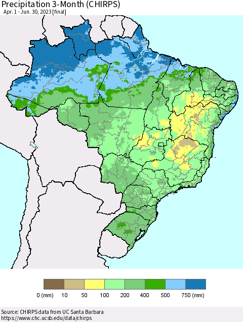 Brazil Precipitation 3-Month (CHIRPS) Thematic Map For 4/1/2023 - 6/30/2023