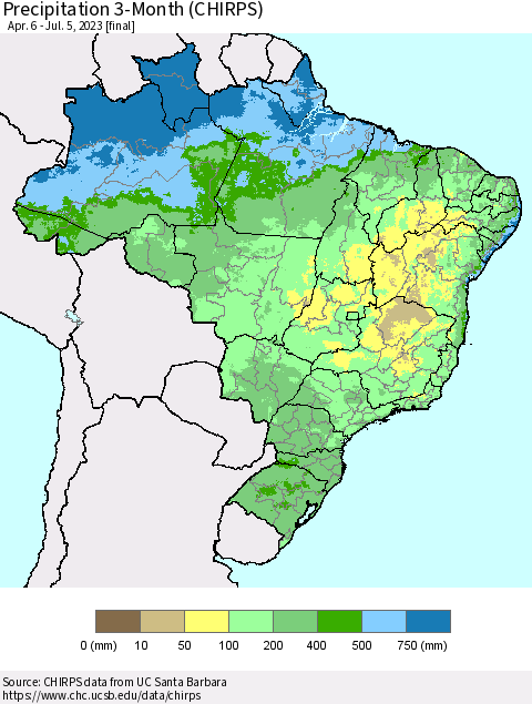Brazil Precipitation 3-Month (CHIRPS) Thematic Map For 4/6/2023 - 7/5/2023