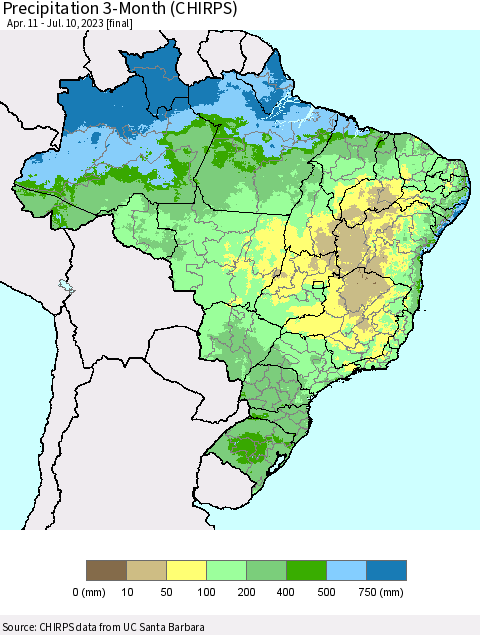 Brazil Precipitation 3-Month (CHIRPS) Thematic Map For 4/11/2023 - 7/10/2023