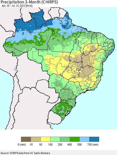 Brazil Precipitation 3-Month (CHIRPS) Thematic Map For 4/16/2023 - 7/15/2023