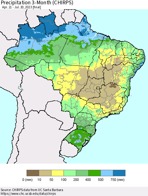 Brazil Precipitation 3-Month (CHIRPS) Thematic Map For 4/21/2023 - 7/20/2023