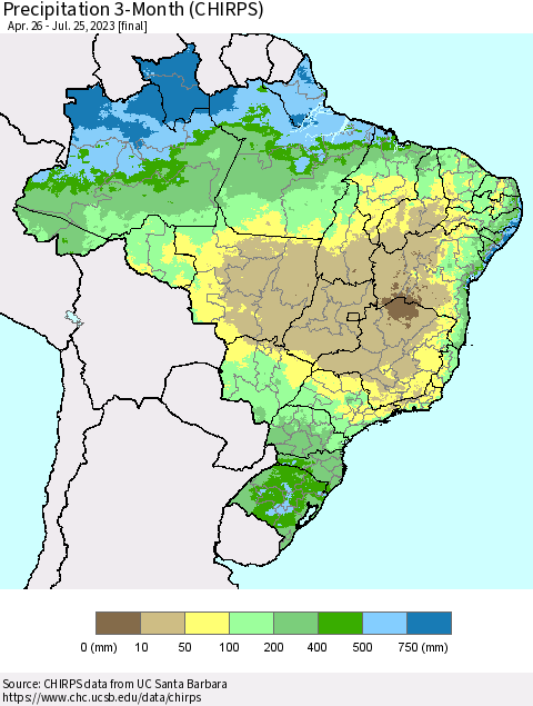 Brazil Precipitation 3-Month (CHIRPS) Thematic Map For 4/26/2023 - 7/25/2023