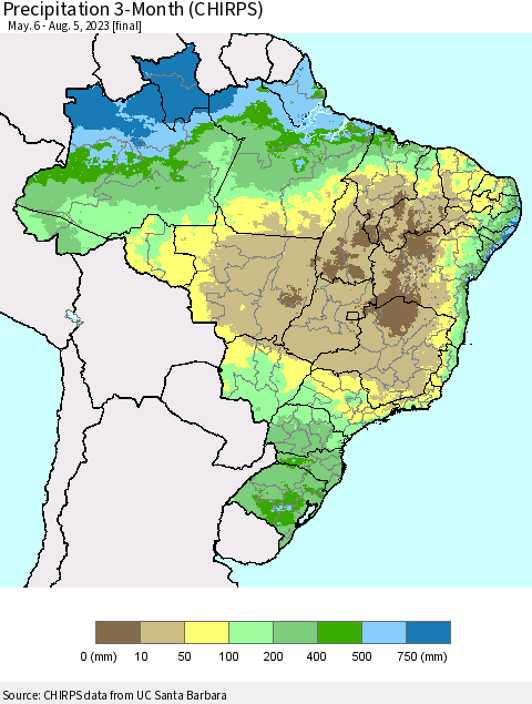 Brazil Precipitation 3-Month (CHIRPS) Thematic Map For 5/6/2023 - 8/5/2023