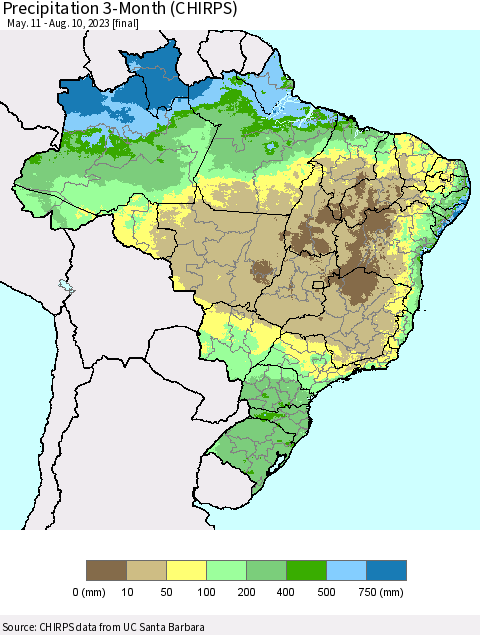 Brazil Precipitation 3-Month (CHIRPS) Thematic Map For 5/11/2023 - 8/10/2023