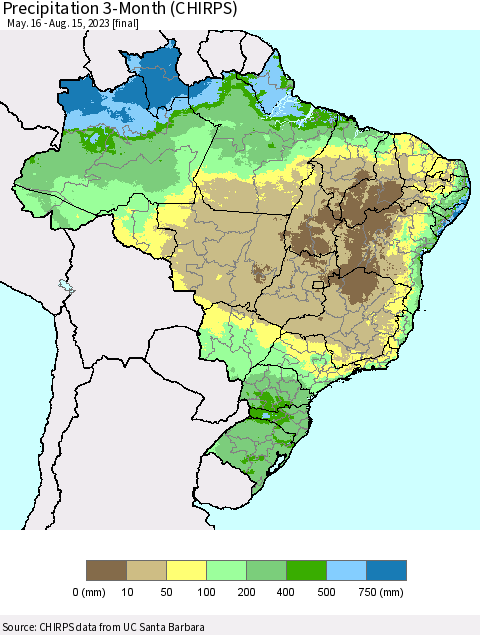 Brazil Precipitation 3-Month (CHIRPS) Thematic Map For 5/16/2023 - 8/15/2023