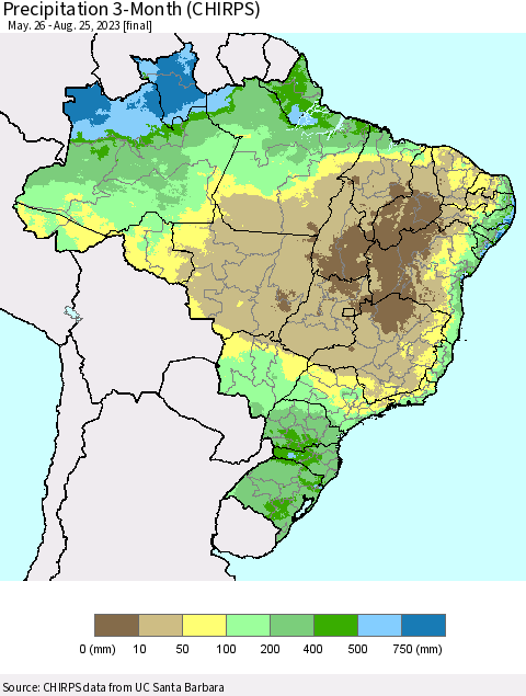Brazil Precipitation 3-Month (CHIRPS) Thematic Map For 5/26/2023 - 8/25/2023