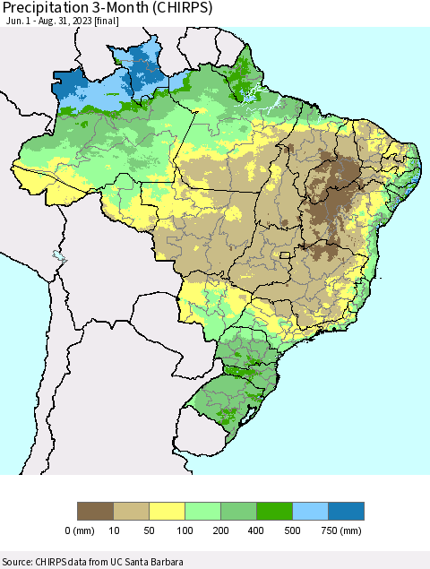 Brazil Precipitation 3-Month (CHIRPS) Thematic Map For 6/1/2023 - 8/31/2023
