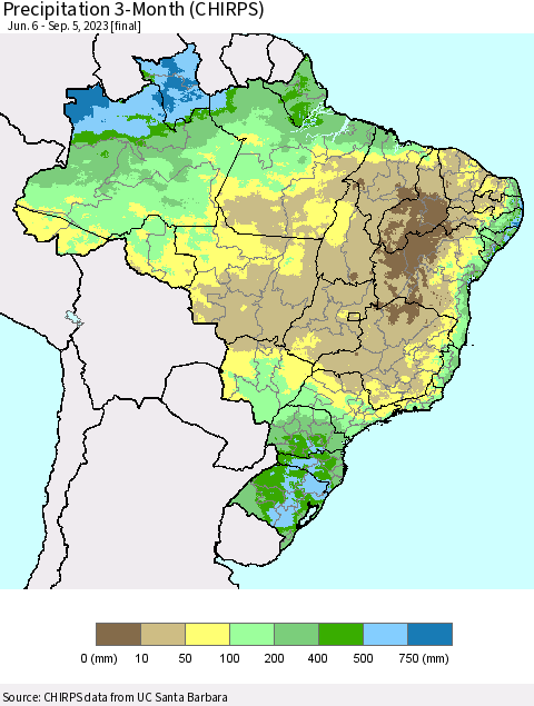 Brazil Precipitation 3-Month (CHIRPS) Thematic Map For 6/6/2023 - 9/5/2023
