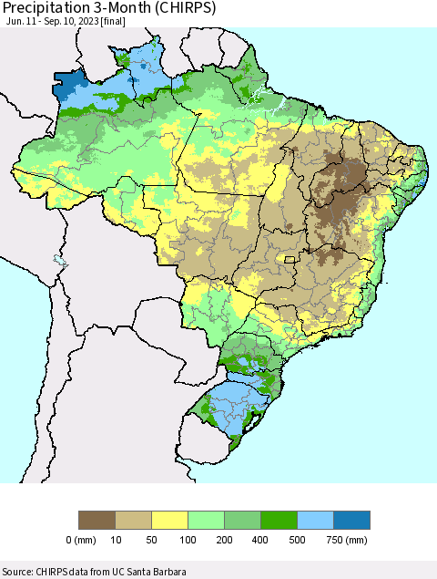 Brazil Precipitation 3-Month (CHIRPS) Thematic Map For 6/11/2023 - 9/10/2023
