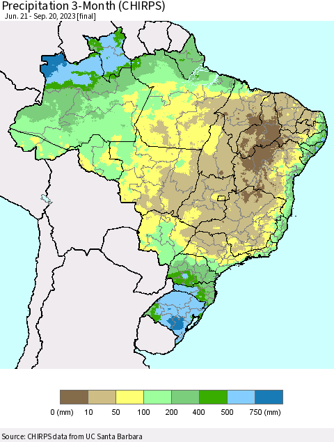 Brazil Precipitation 3-Month (CHIRPS) Thematic Map For 6/21/2023 - 9/20/2023