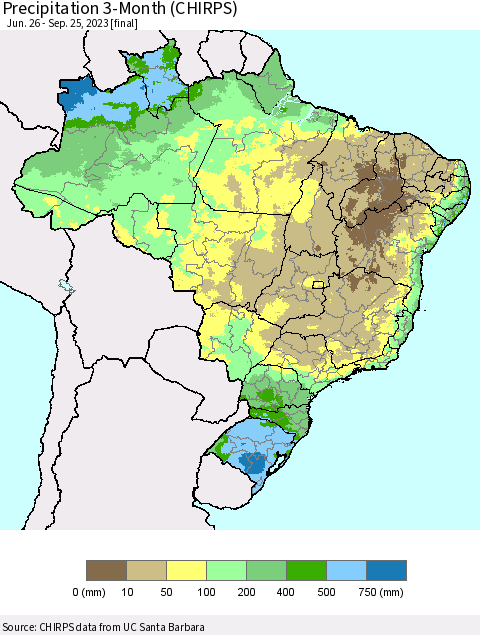 Brazil Precipitation 3-Month (CHIRPS) Thematic Map For 6/26/2023 - 9/25/2023