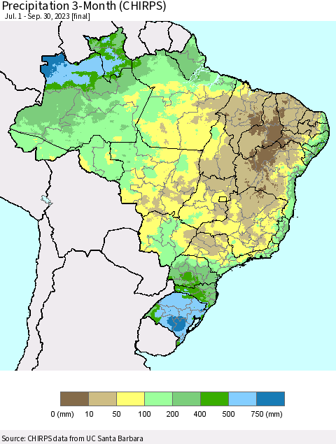 Brazil Precipitation 3-Month (CHIRPS) Thematic Map For 7/1/2023 - 9/30/2023