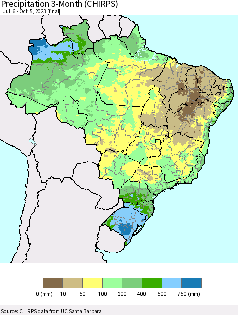 Brazil Precipitation 3-Month (CHIRPS) Thematic Map For 7/6/2023 - 10/5/2023