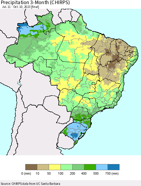 Brazil Precipitation 3-Month (CHIRPS) Thematic Map For 7/11/2023 - 10/10/2023