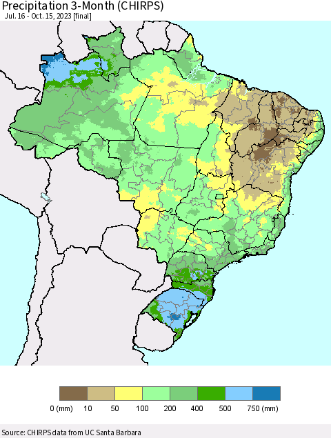 Brazil Precipitation 3-Month (CHIRPS) Thematic Map For 7/16/2023 - 10/15/2023