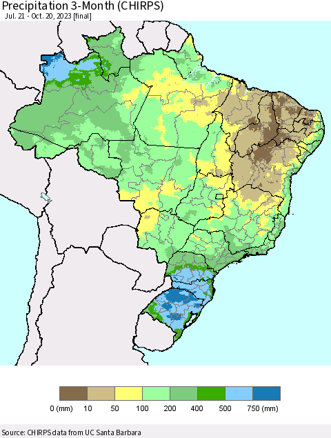 Brazil Precipitation 3-Month (CHIRPS) Thematic Map For 7/21/2023 - 10/20/2023
