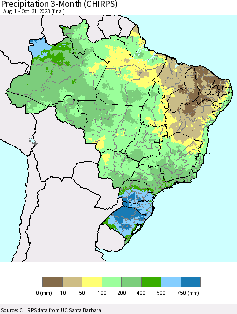 Brazil Precipitation 3-Month (CHIRPS) Thematic Map For 8/1/2023 - 10/31/2023
