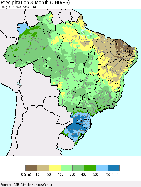 Brazil Precipitation 3-Month (CHIRPS) Thematic Map For 8/6/2023 - 11/5/2023