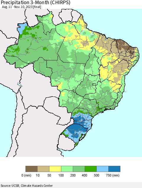 Brazil Precipitation 3-Month (CHIRPS) Thematic Map For 8/11/2023 - 11/10/2023