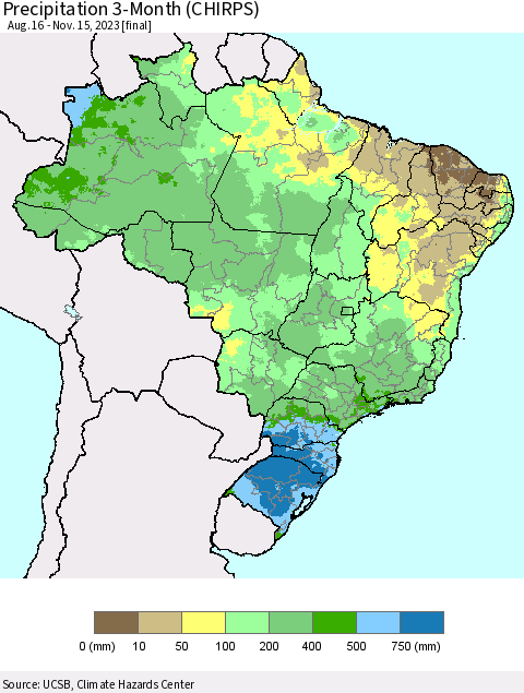 Brazil Precipitation 3-Month (CHIRPS) Thematic Map For 8/16/2023 - 11/15/2023