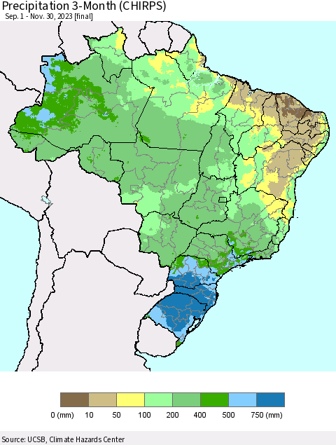 Brazil Precipitation 3-Month (CHIRPS) Thematic Map For 9/1/2023 - 11/30/2023
