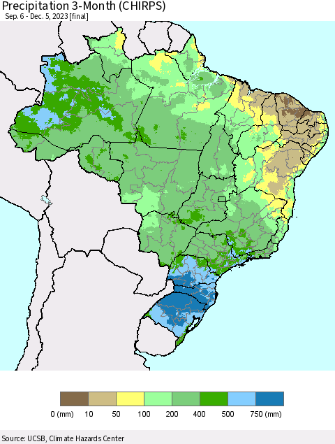 Brazil Precipitation 3-Month (CHIRPS) Thematic Map For 9/6/2023 - 12/5/2023