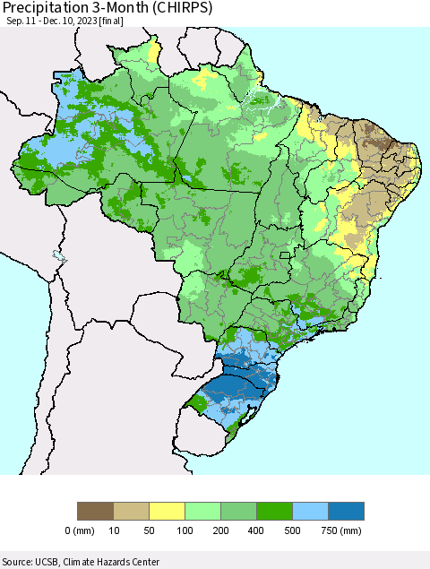 Brazil Precipitation 3-Month (CHIRPS) Thematic Map For 9/11/2023 - 12/10/2023