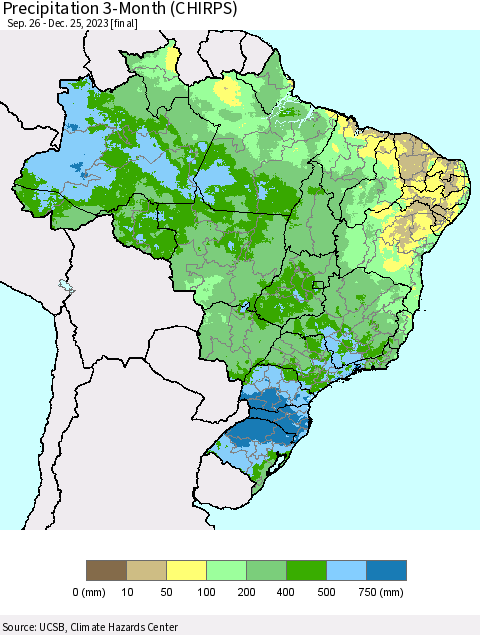 Brazil Precipitation 3-Month (CHIRPS) Thematic Map For 9/26/2023 - 12/25/2023