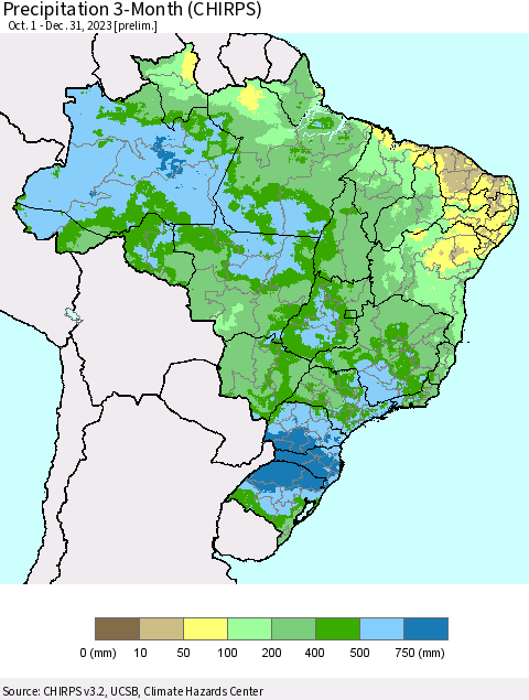 Brazil Precipitation 3-Month (CHIRPS) Thematic Map For 10/1/2023 - 12/31/2023