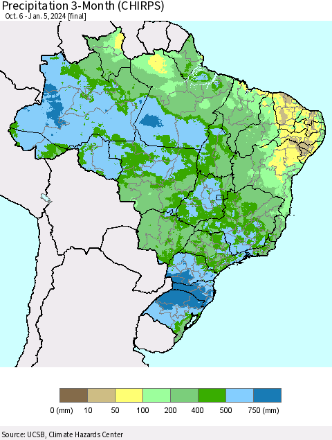 Brazil Precipitation 3-Month (CHIRPS) Thematic Map For 10/6/2023 - 1/5/2024